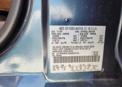 2003 Ford F150 Supercrew from USA, damaged, VIN 1FTRW08L33KB05743